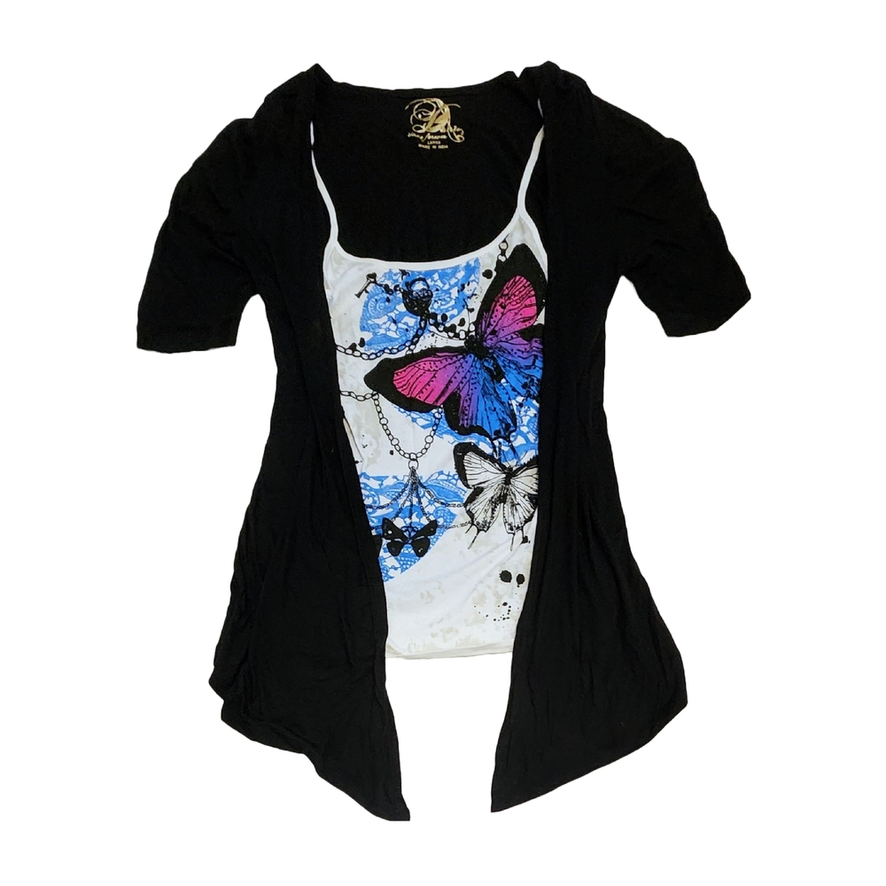 Black Graphic Layered Short Sleeve Cami Butterflies Evening Club Top L